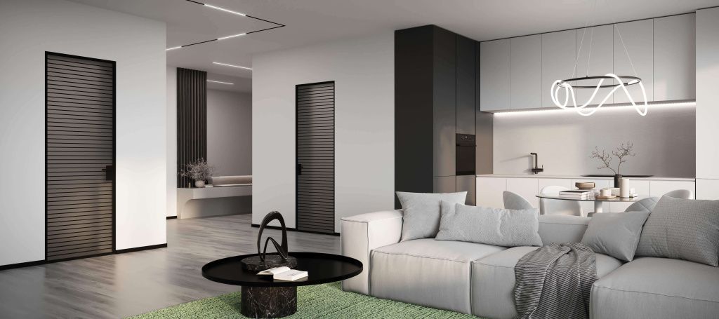 Межкомнатные двери из алюминиевого профиля Grafia с матовым стеклом