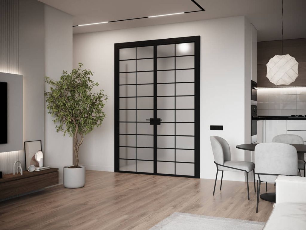 Двустворчатая распашная алюминиевая дверь Grafia